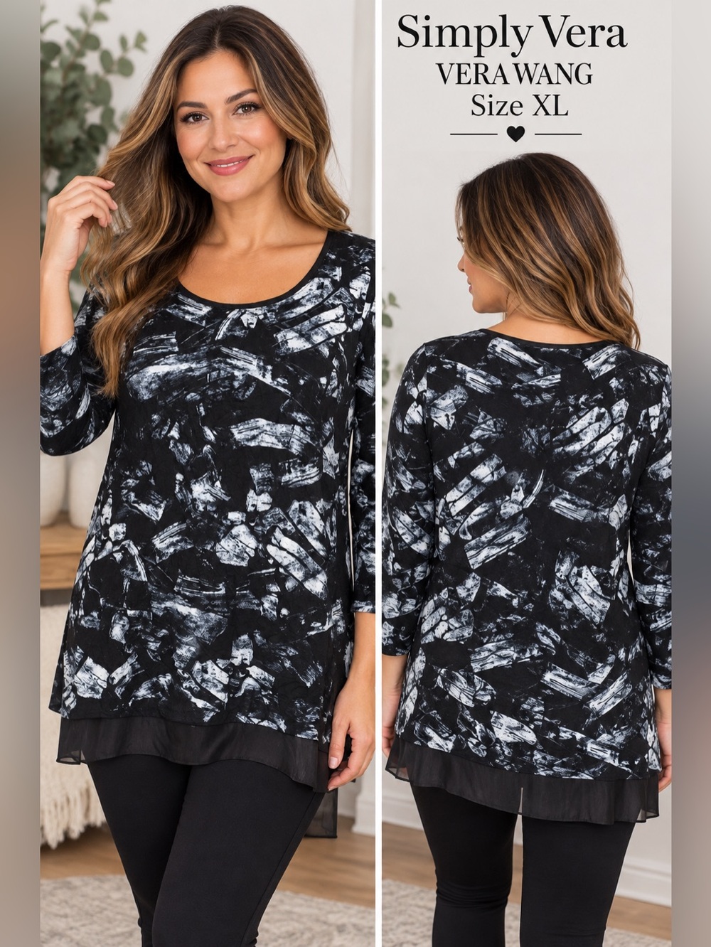 Simply Vera Vera Wang XL Black White Blue Abstract Print Tunic Top Sheer Hem